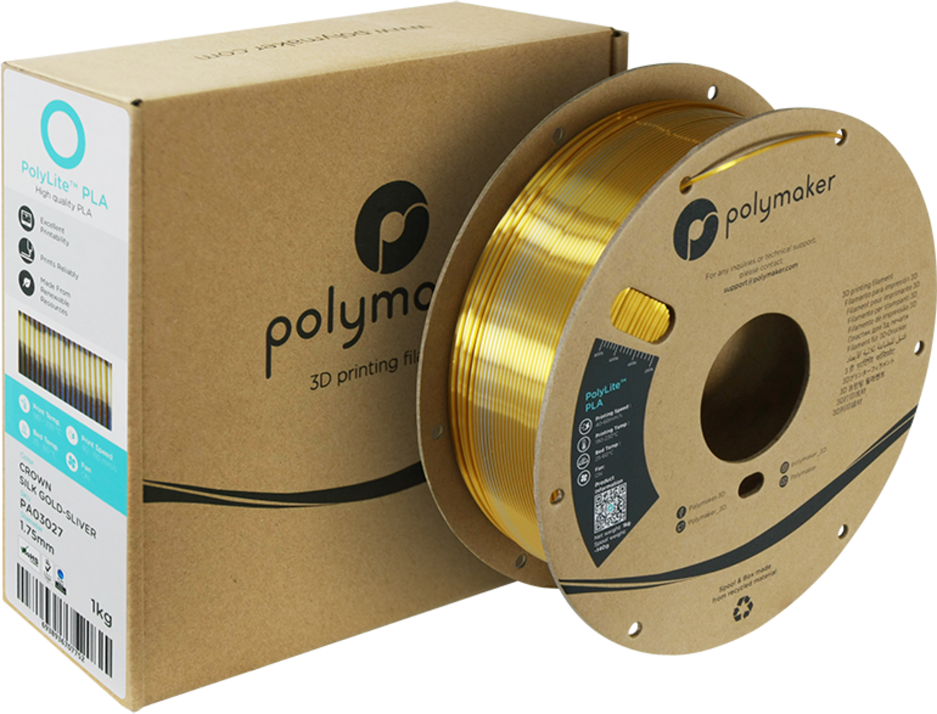 Polymaker PolyLite Dual Silk PLA Crown Gold-Sølv - 1,75 mm / 1000 g