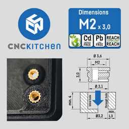 CNC Kitchen Schroefdraadinserts M2 Standaard - M2x3,0