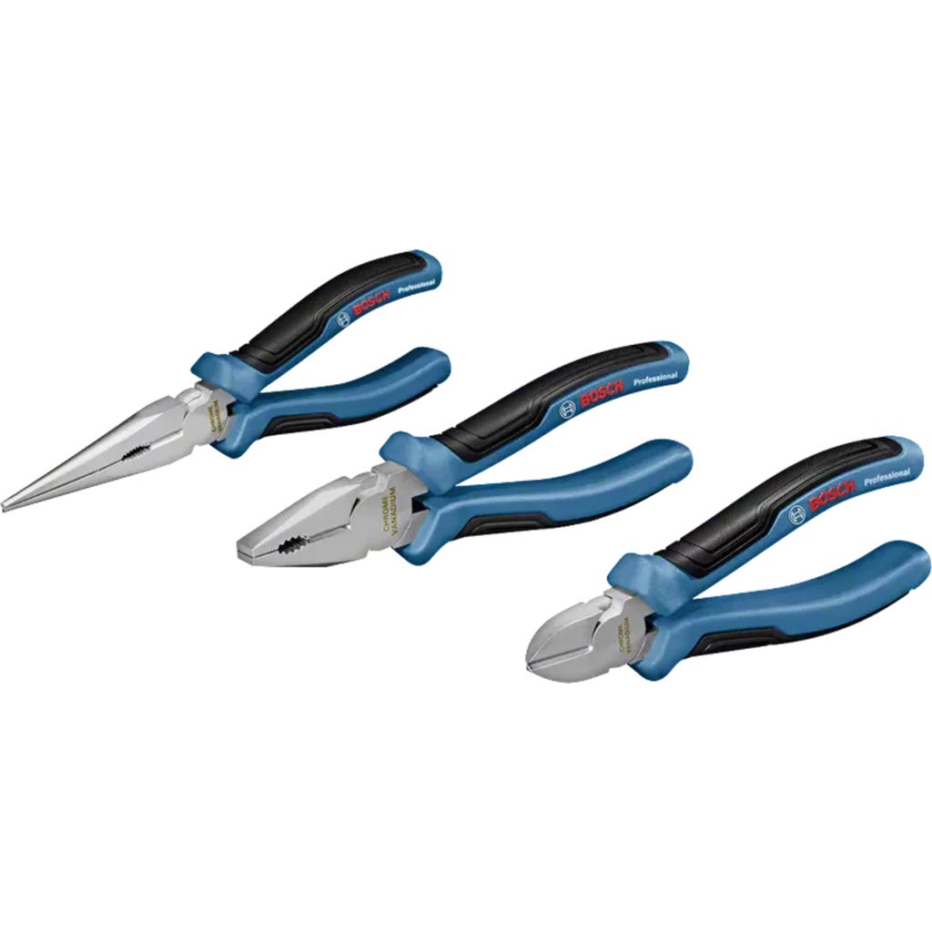Bosch 2-Piece Pliers Set – Combination & Long Nose Pliers, 180mm, Chrome Nickel Finish