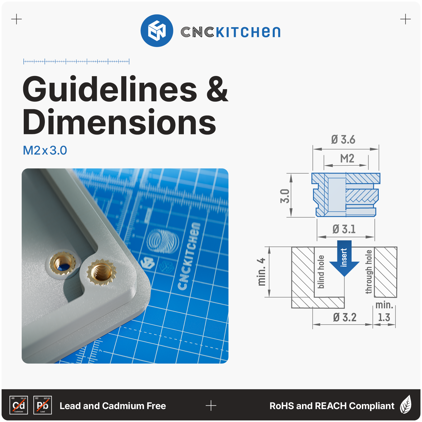 CNC Kitchen Threaded Inserts M2 Standard - M2 x 3.0
