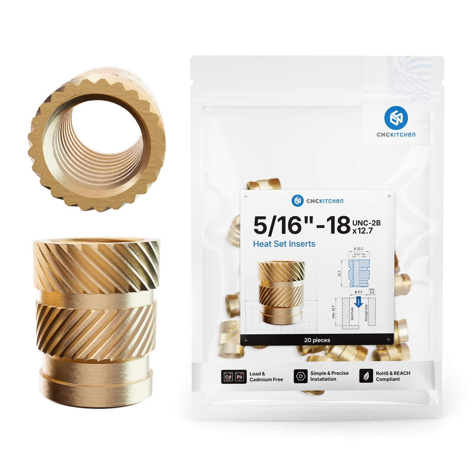 CNC Kitchen Threaded Inserts 5/16''-18 UNC - 5/16”-18 x 12.7