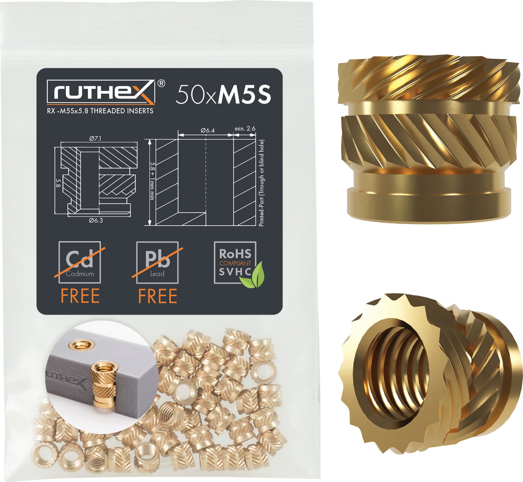 QUARKZMAN 50 Stuks M3 Messing Schroefdraadinzetstukken 5mm - Gekartelde Moeren Voor 3D-Print