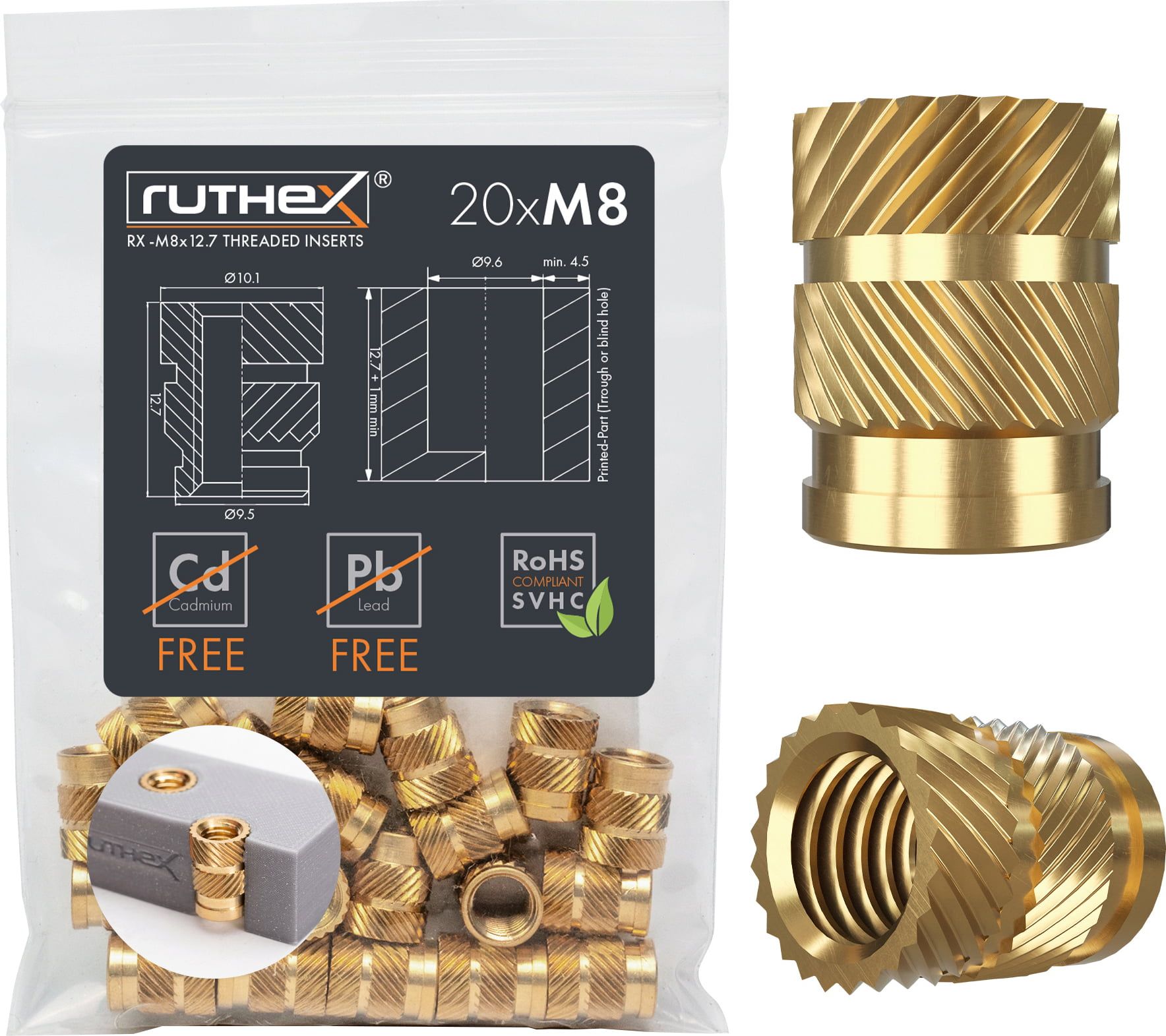ruthex Threaded Inserts M8 (20 pieces) - 3DJake International